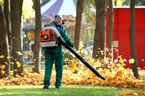 Worker blows leaves in a local community park