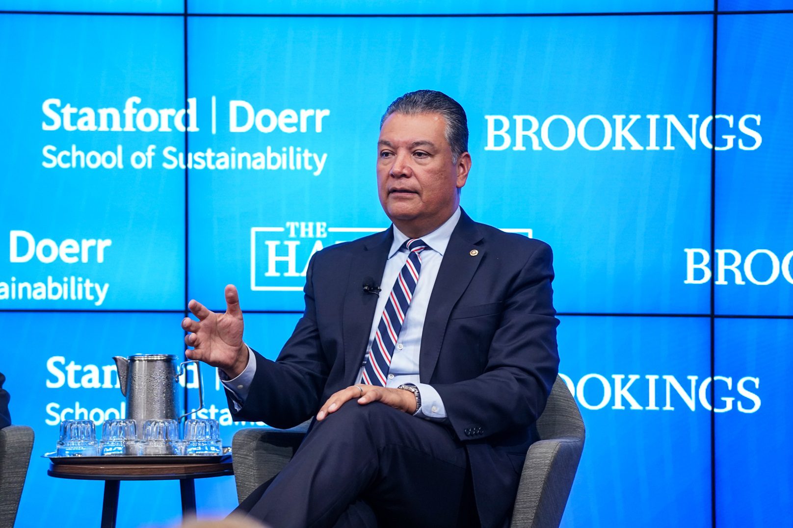 Senator Alex Padilla (D-Calif.) speaks at The Hamilton Project and Stanford Doerr’s School of Sustainability event, “Building clean energy: Roadblocks, tradeoffs, and solutions.” 