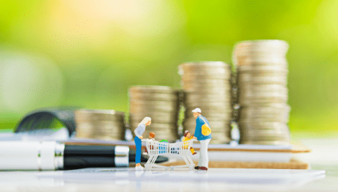 People with grocery carts in front of money and a credit card representing household finances and cost of living